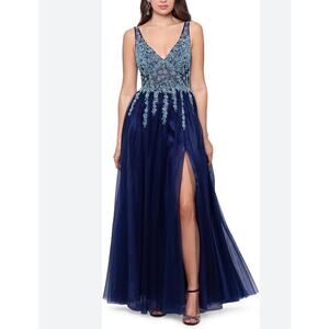 Blondie Nites Sequined Tulle Backless A-Line Ball Gown Navy Size 9 Formal Dress